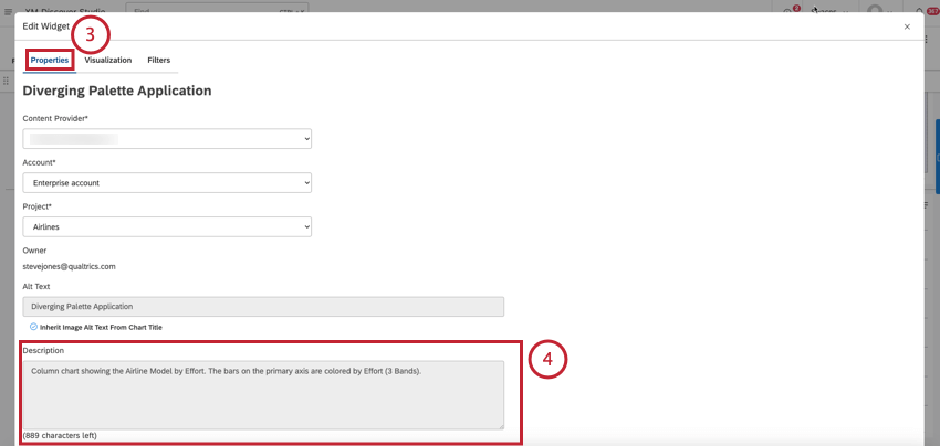 Wählen Sie im Fenster Widget bearbeiten die Registerkarte Eigenschaften. Bearbeiten Sie die Beschreibung im Feld Beschreibung.