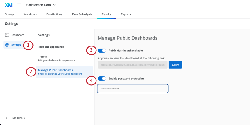 結果ダッシュボードの設定ページが開き、公開ダッシュボードボタンがクリックされ、対応するトグルが表示された状態