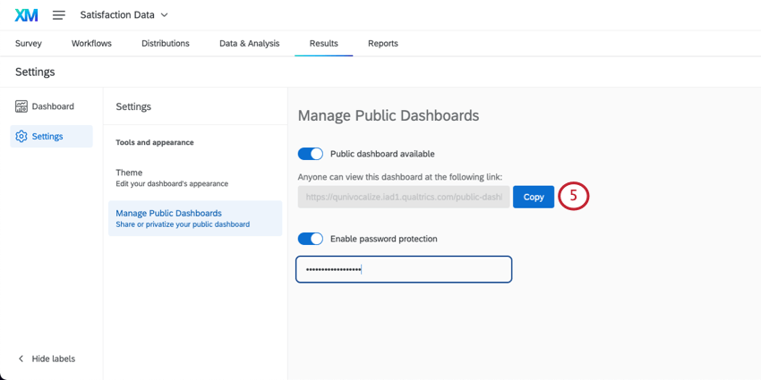 Il pulsante Copia, avanti al link del dashboard, è evidenziato testo
