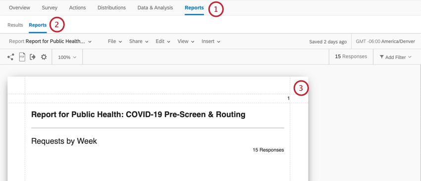 Reports is last tab. Under that, another reports button, to right of Results. Screenshot shows the report, with a blue bar graph