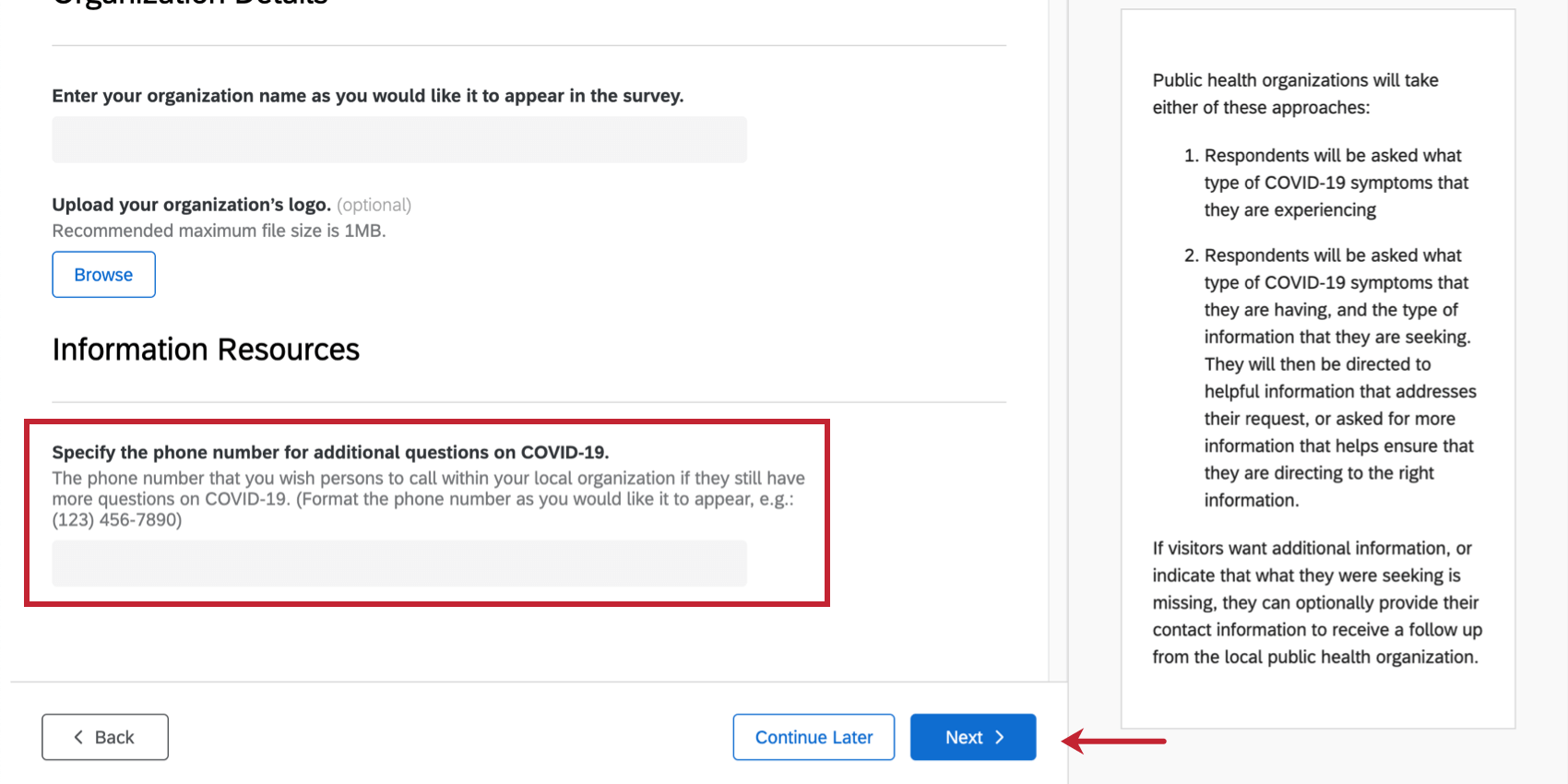 An image of the option exclusive to the more reduced version of the survey