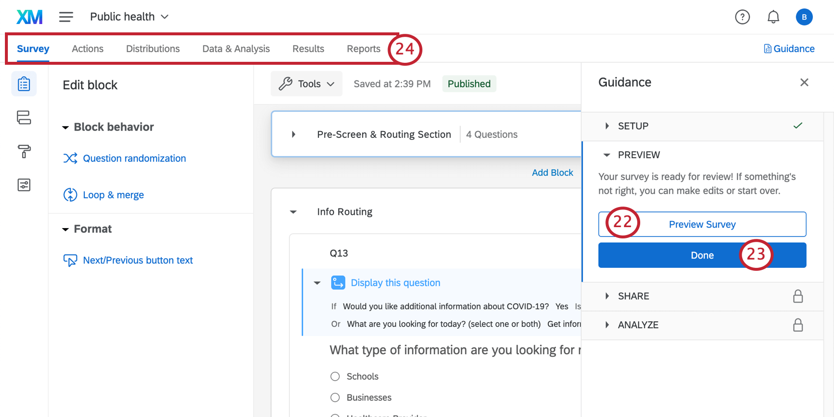 Survey builder open with a guidance sidebar to the right that takes you through key steps