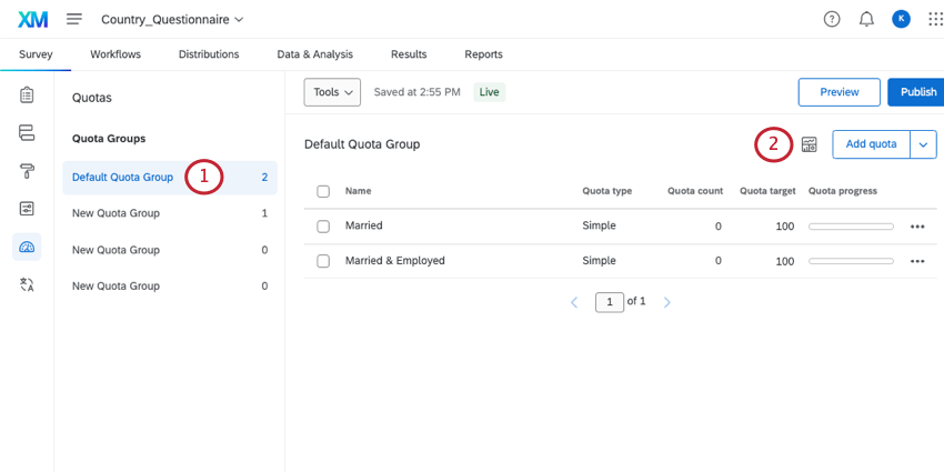 Quota group clicked and icon in upper-right highlighted