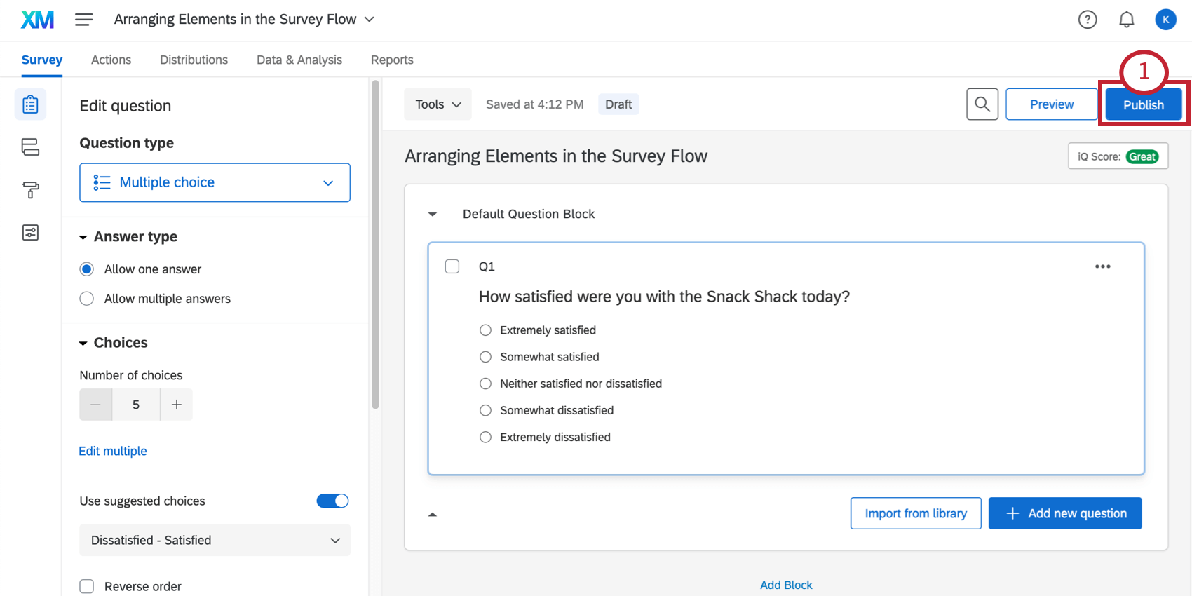 Publish button on upper-right of the survey editor