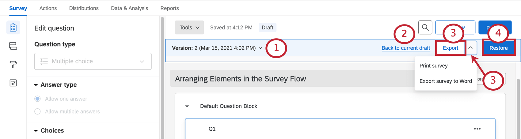 Version options bar along top of the survey builder