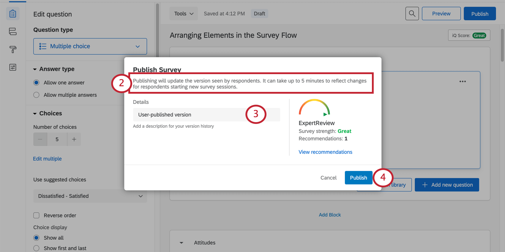Janela de Publicar avisando que a pesquisa ficará ativa