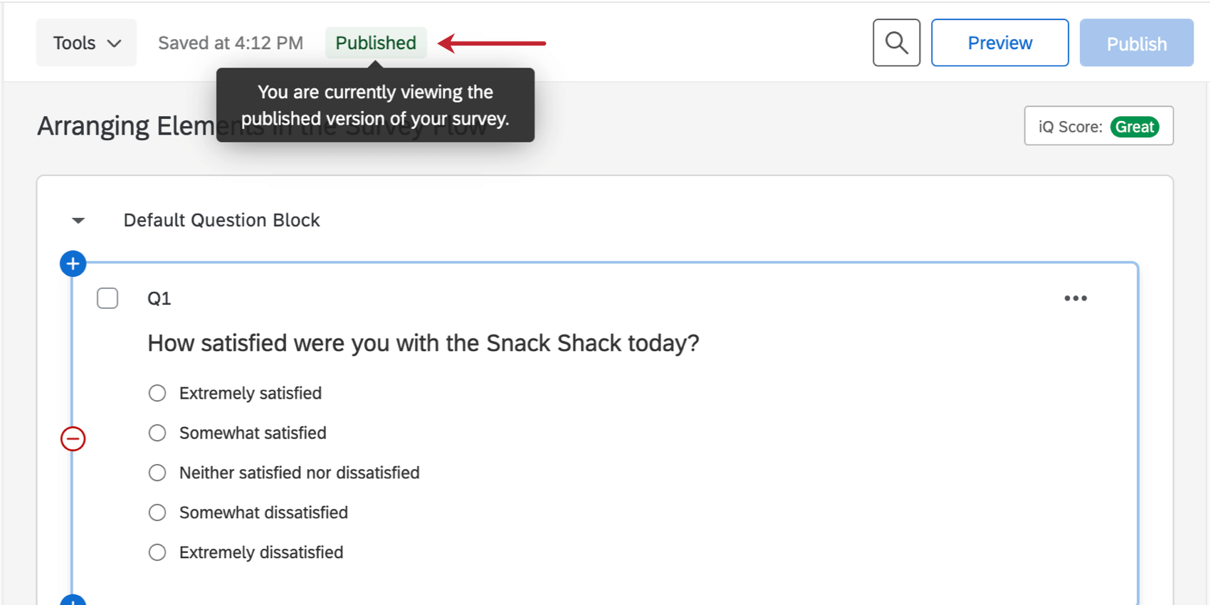 Published status in green on upper-right of the survey
