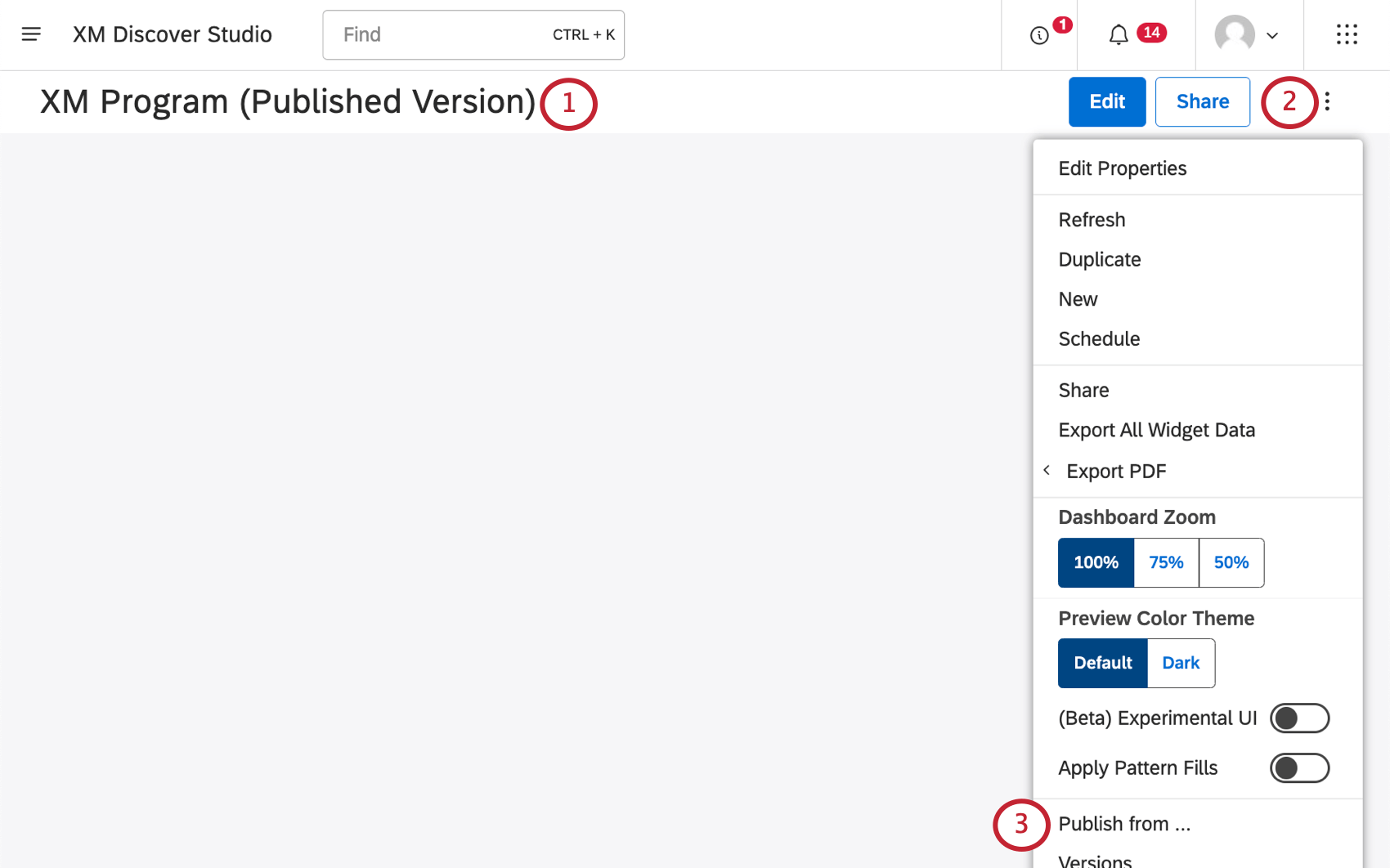 Opening 3 dot menu on a dashboard and selecting Publish From