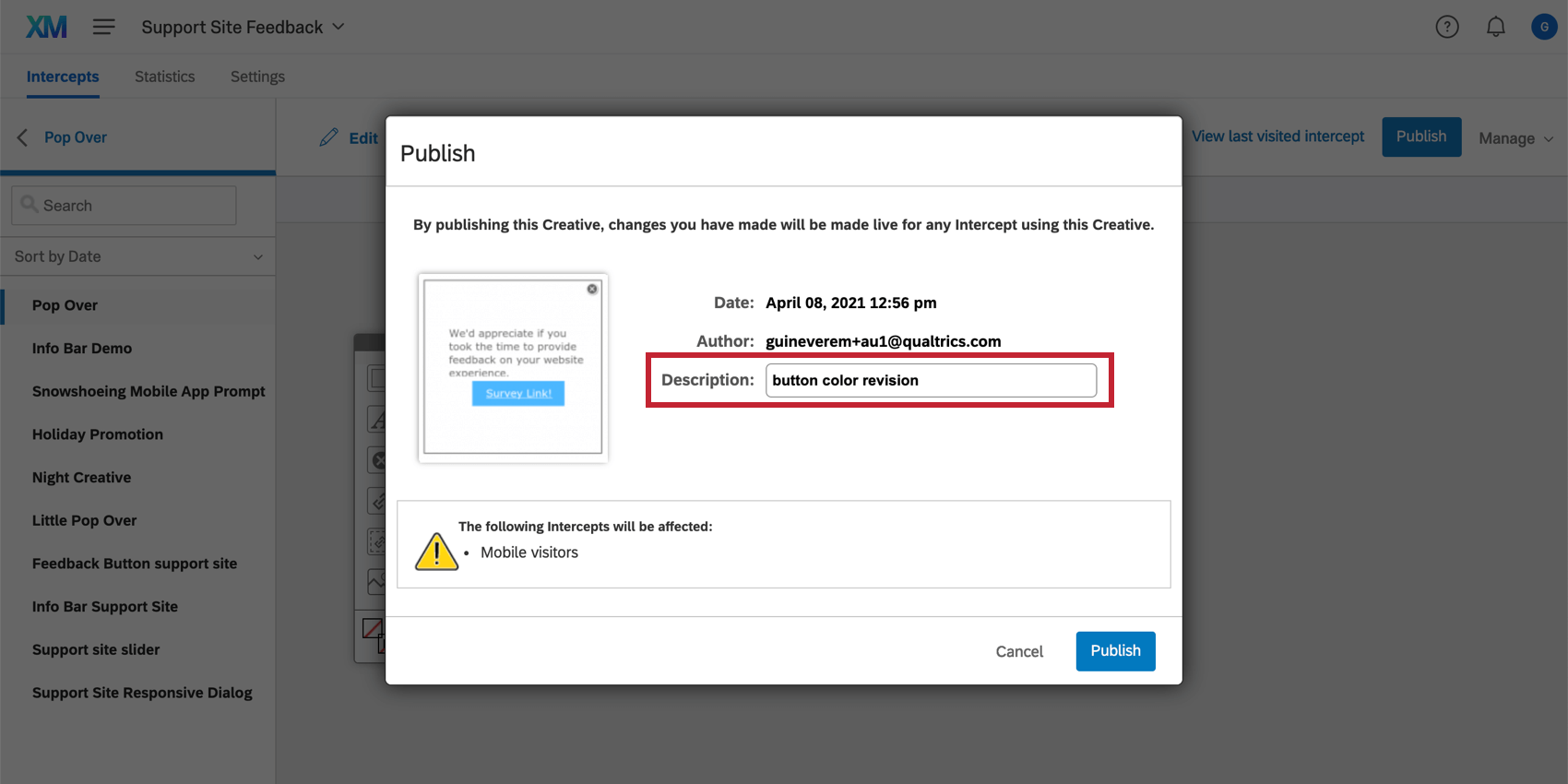 Publishing a creative with a description