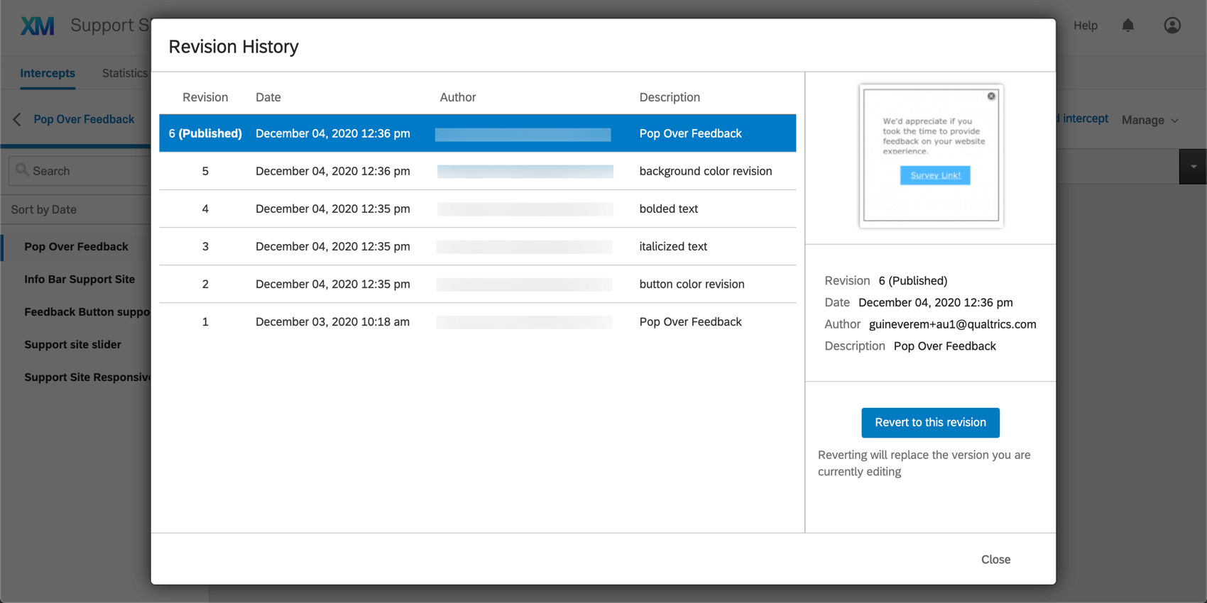 Revision History window with an Editing revision selected and the green Save a new revision button on the lower-right