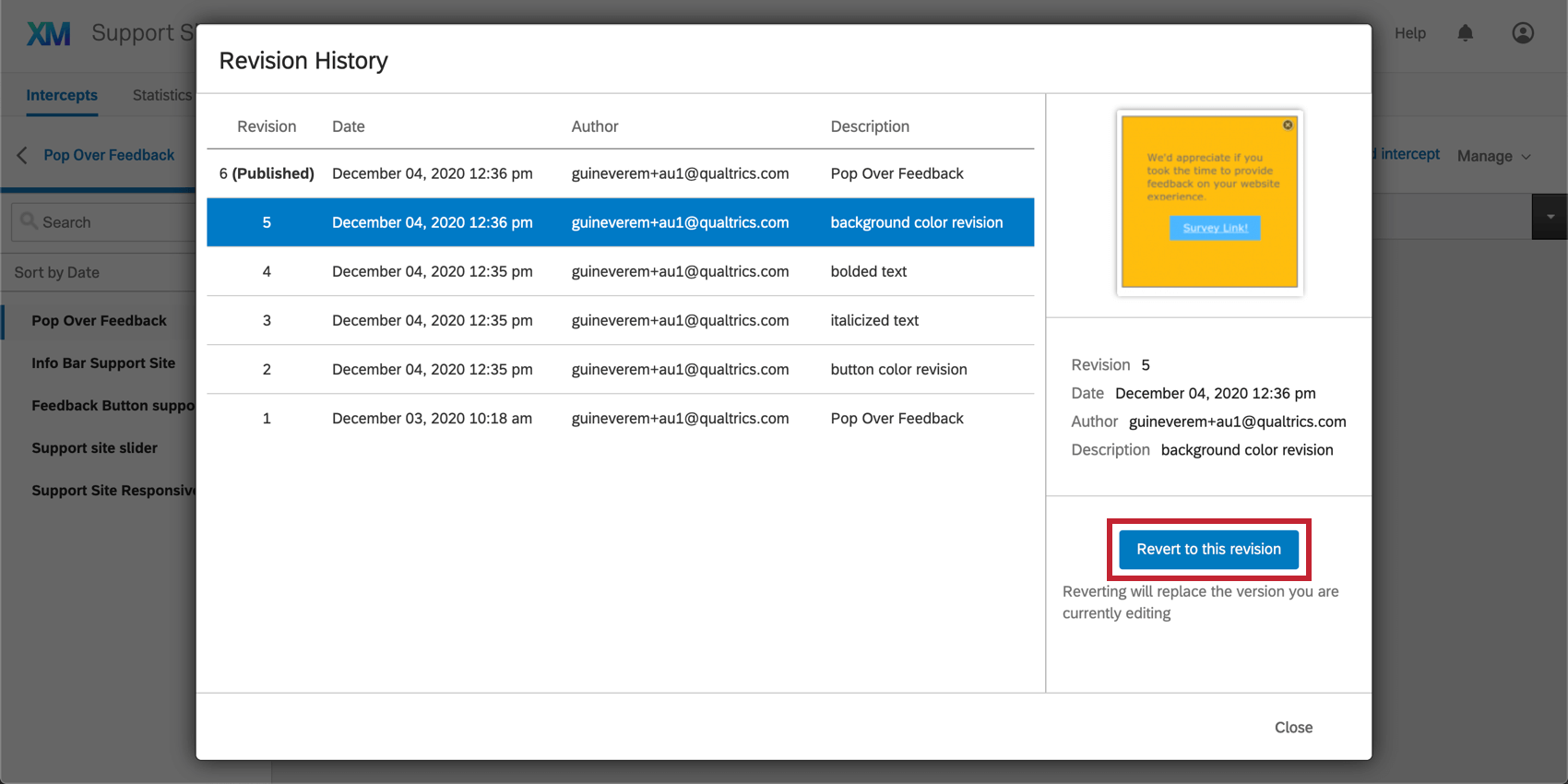 An older revision is selected, and the Revert to this revision button appears on the lower-right