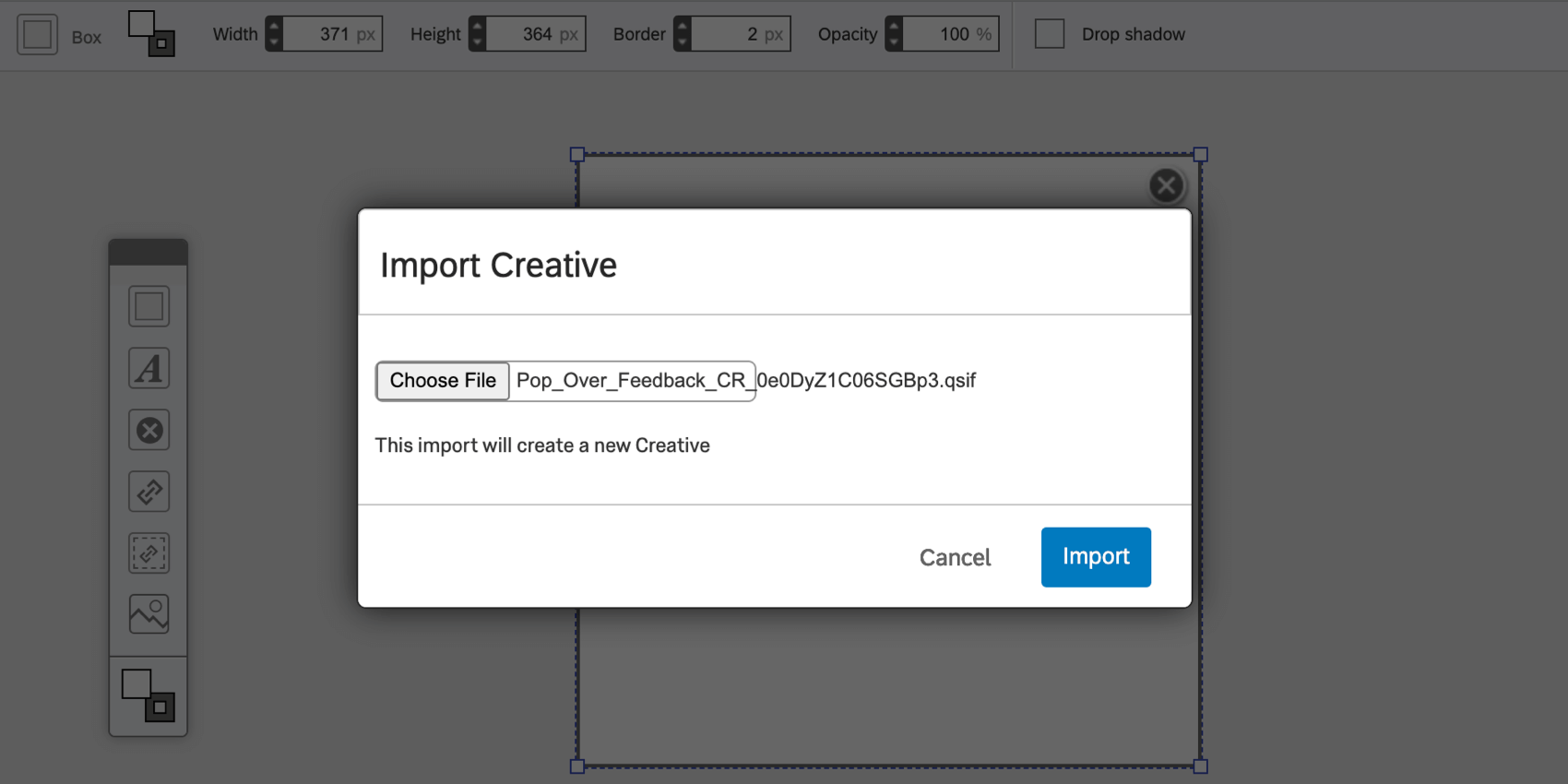 Import Creative window with a Choose File button to the left and the green Import button on the bottom-right