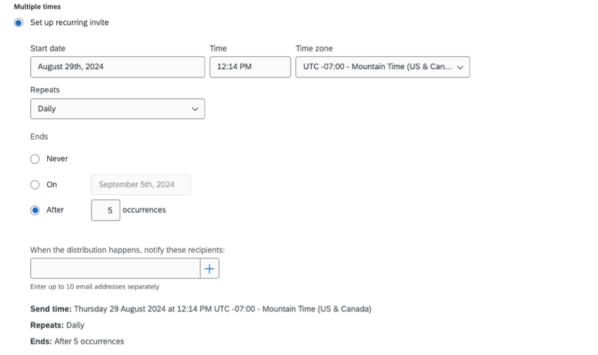 set up recurring invite makes options for time and date, repeat frequency, and end dates appear, in addition to a spot to add recipients who should know when the distribution sends successfully