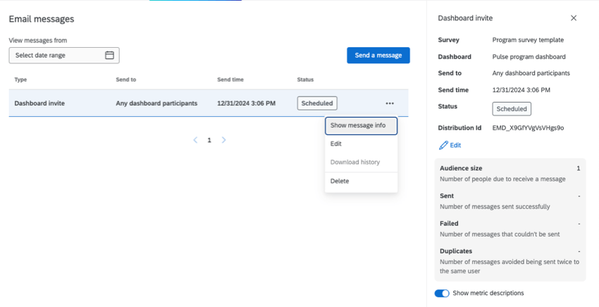image dune distribution existante, cliquée pour afficher les informations supplémentaires qui apparaissent dans un panel à droite