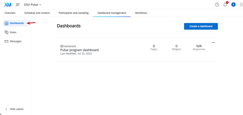 à gauche de la page du tableau de bord se trouve un menu, la première option étant tableaux de bord