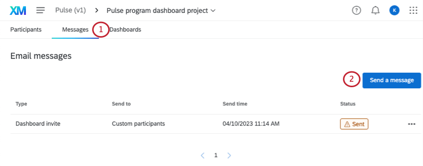 messages tab of pulse project