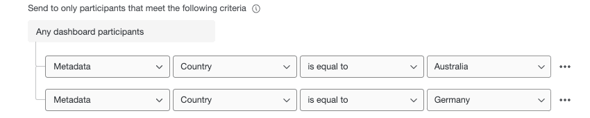 condition says any dashboard that meets the following criteria - metadata country is equal to australia and metadata country is equal to germany