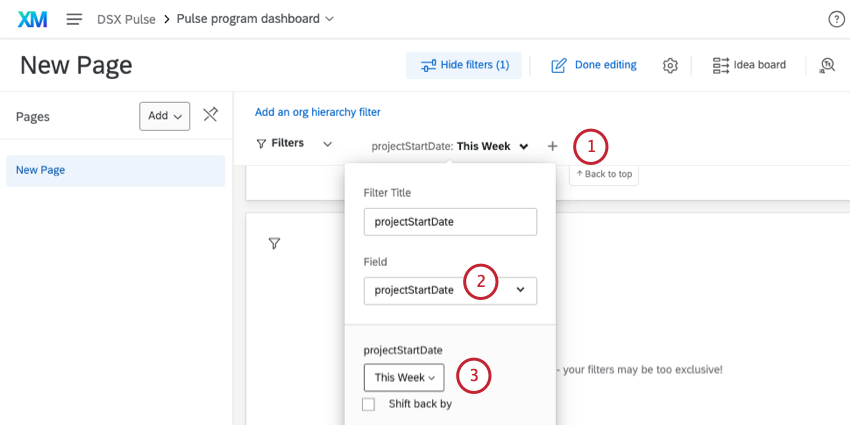 Filtern einer Seite nach den Daten des Projektstartdatums für die letzte Woche