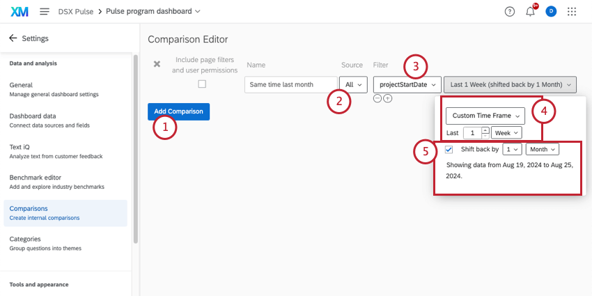 setting up comparisons in dashboard settings