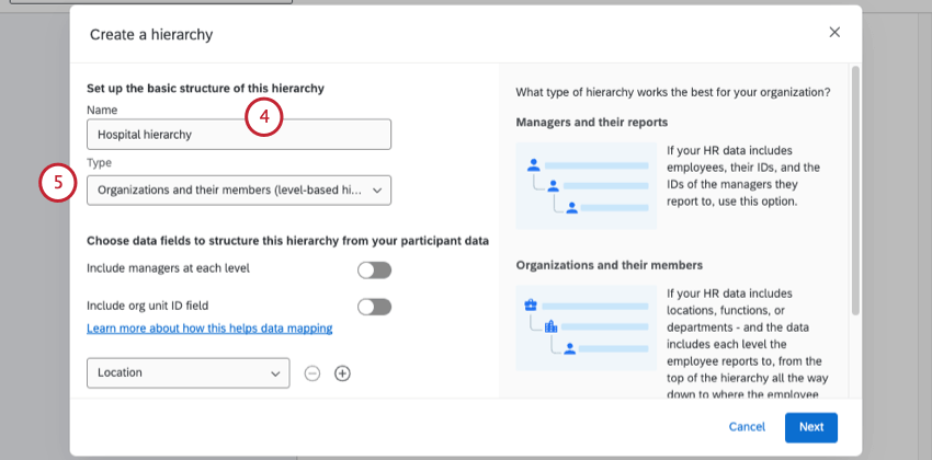 new window where you name your hierarchy ad decide first mapping details