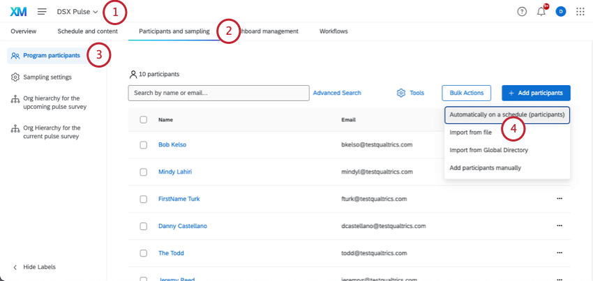 Öffnen eines größeren Pulsprogramms und Navigation zu den Teilnehmern