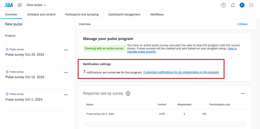 Benachrichtigungen auf der Registerkarte "Übersicht", sobald ein Puls gestartet wird