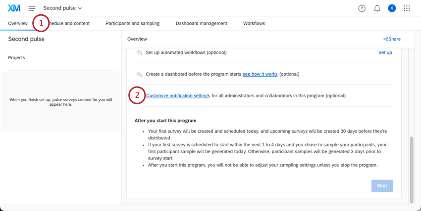 Bouton de personnalisation des paramètres de notification dans longlet "Vue densemble