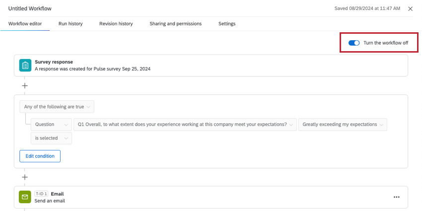 Dentro de un flujo de trabajo, un interruptor de encendido y apagado