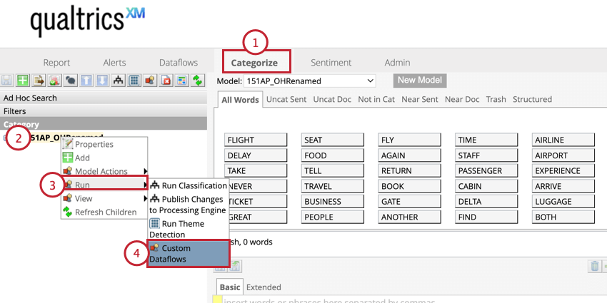 Right clicking on a category model and choosing Custom dataflows