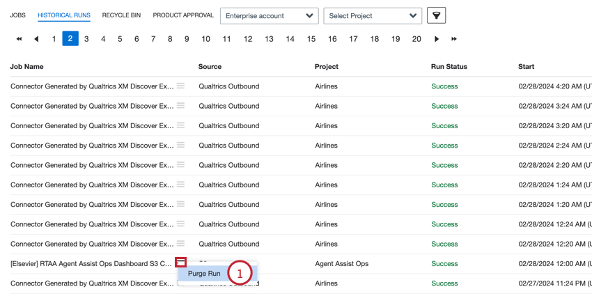 en sélectionnant Purge run dans le menu des options du travail