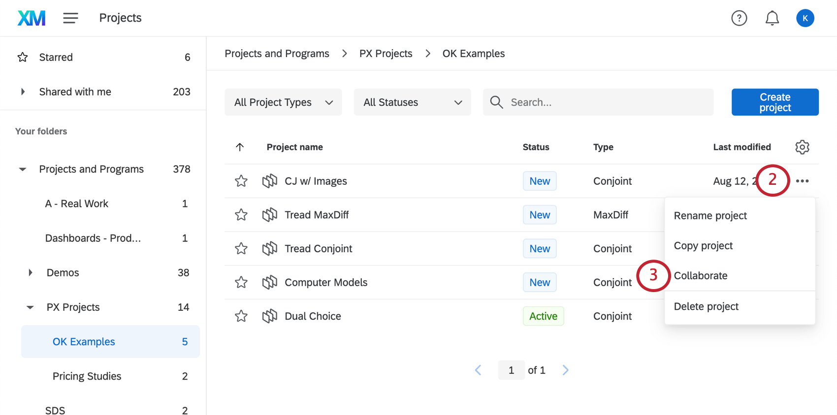 Opening collaborate dropdown next to maxdiff project