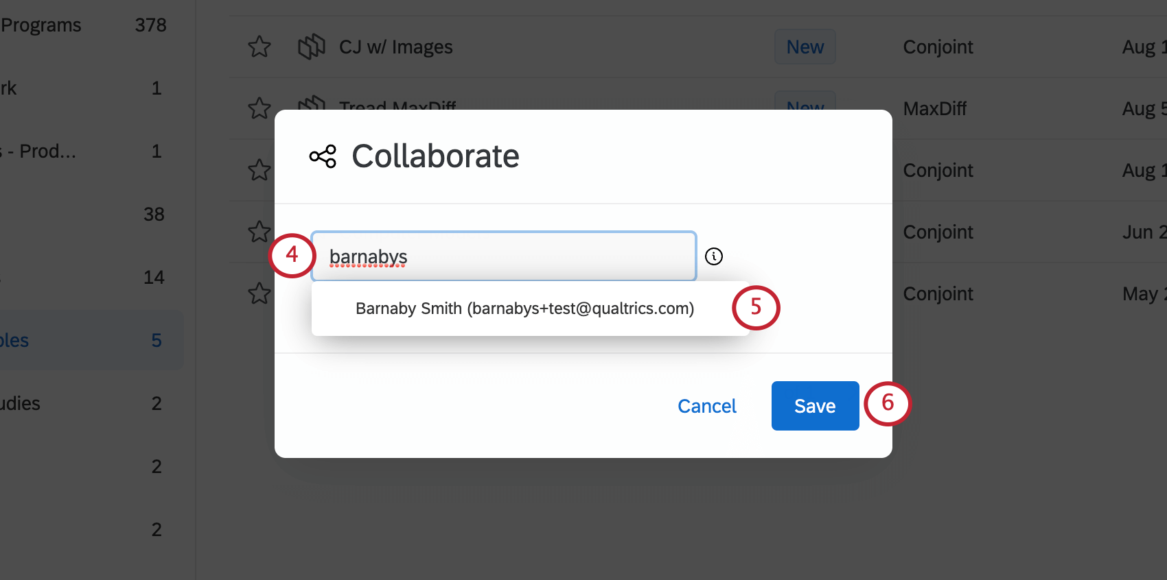 une fenêtre de collaboration avec un petit champ de texte pour la recherche dutilisateurs souvre sur la page
