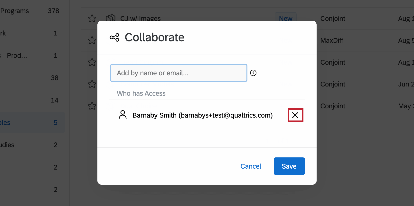 collaborate window with a user selected - gray X to the right of their email address