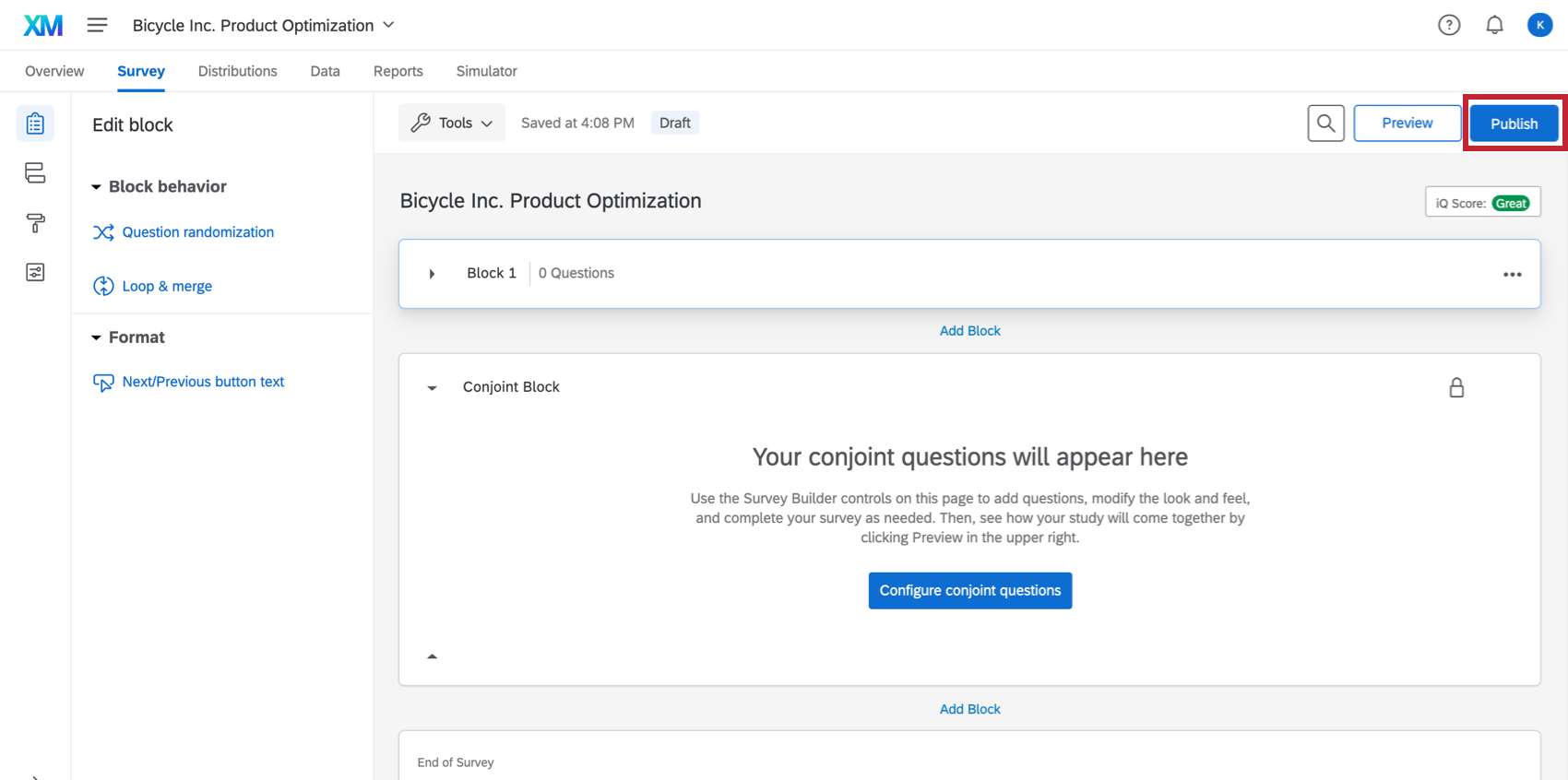 botão publicar no canto superior direito da barra de ferramentas