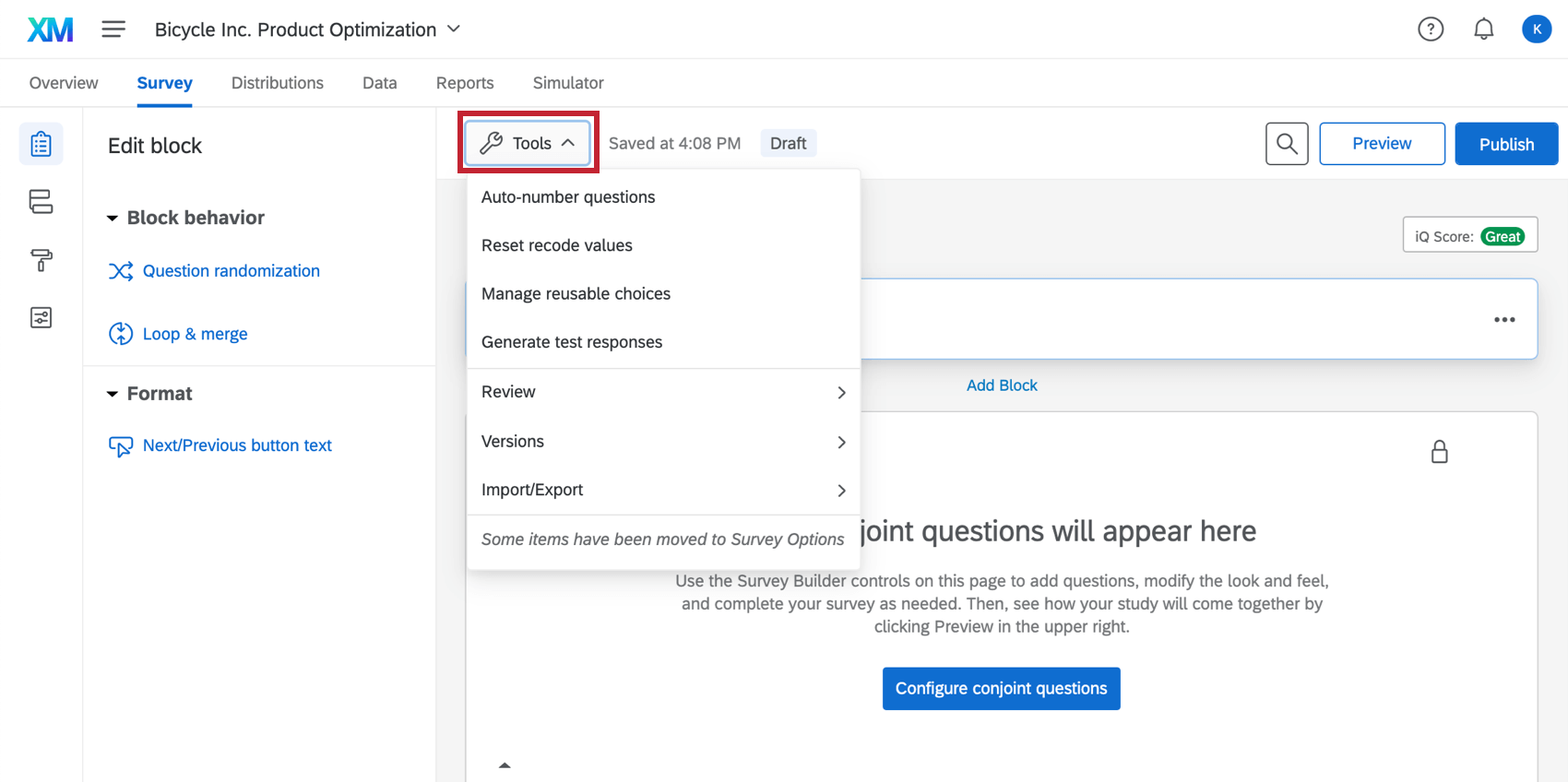 Menu Ferramentas expandido