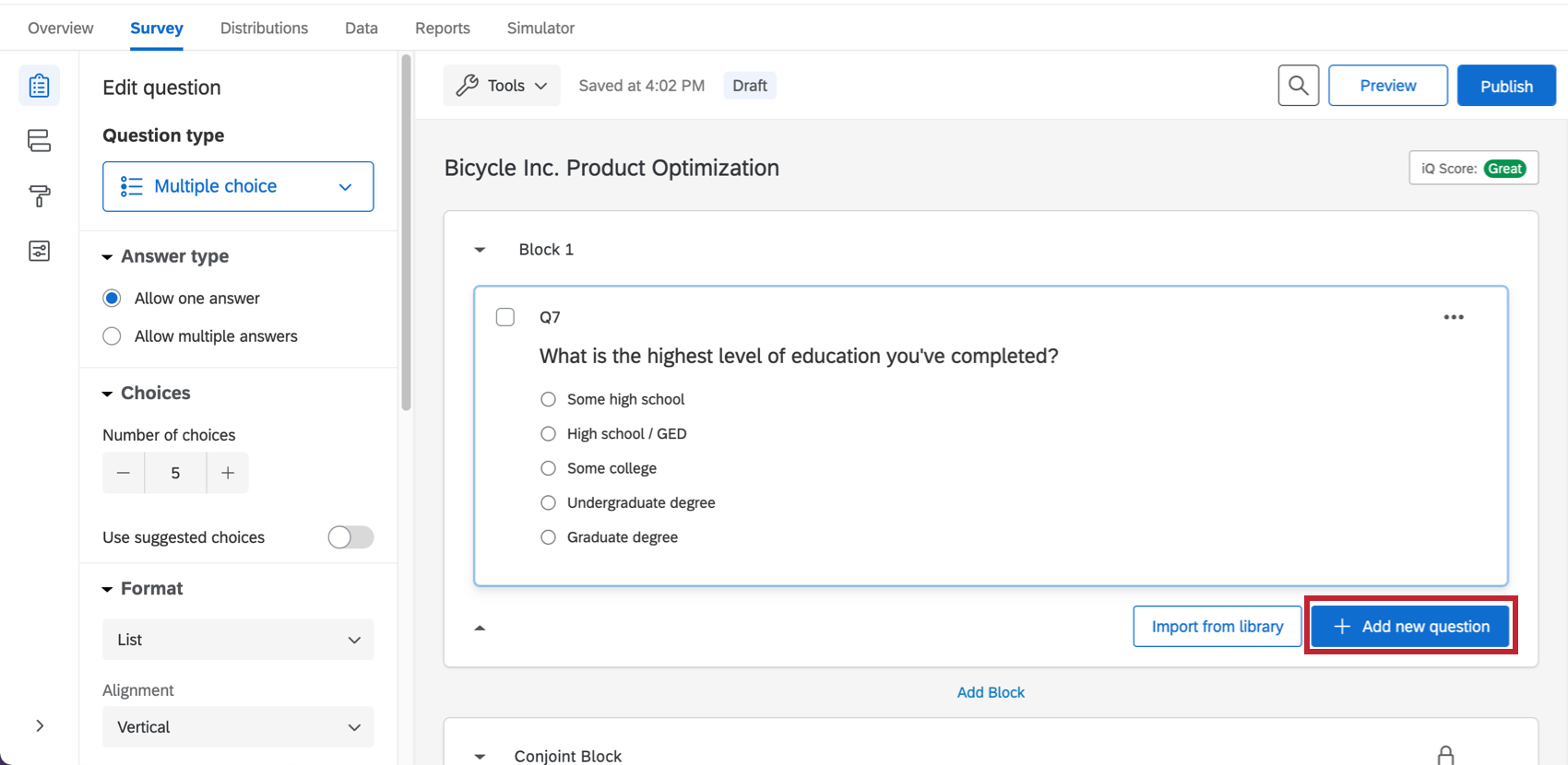 Add new question button center bottom of block