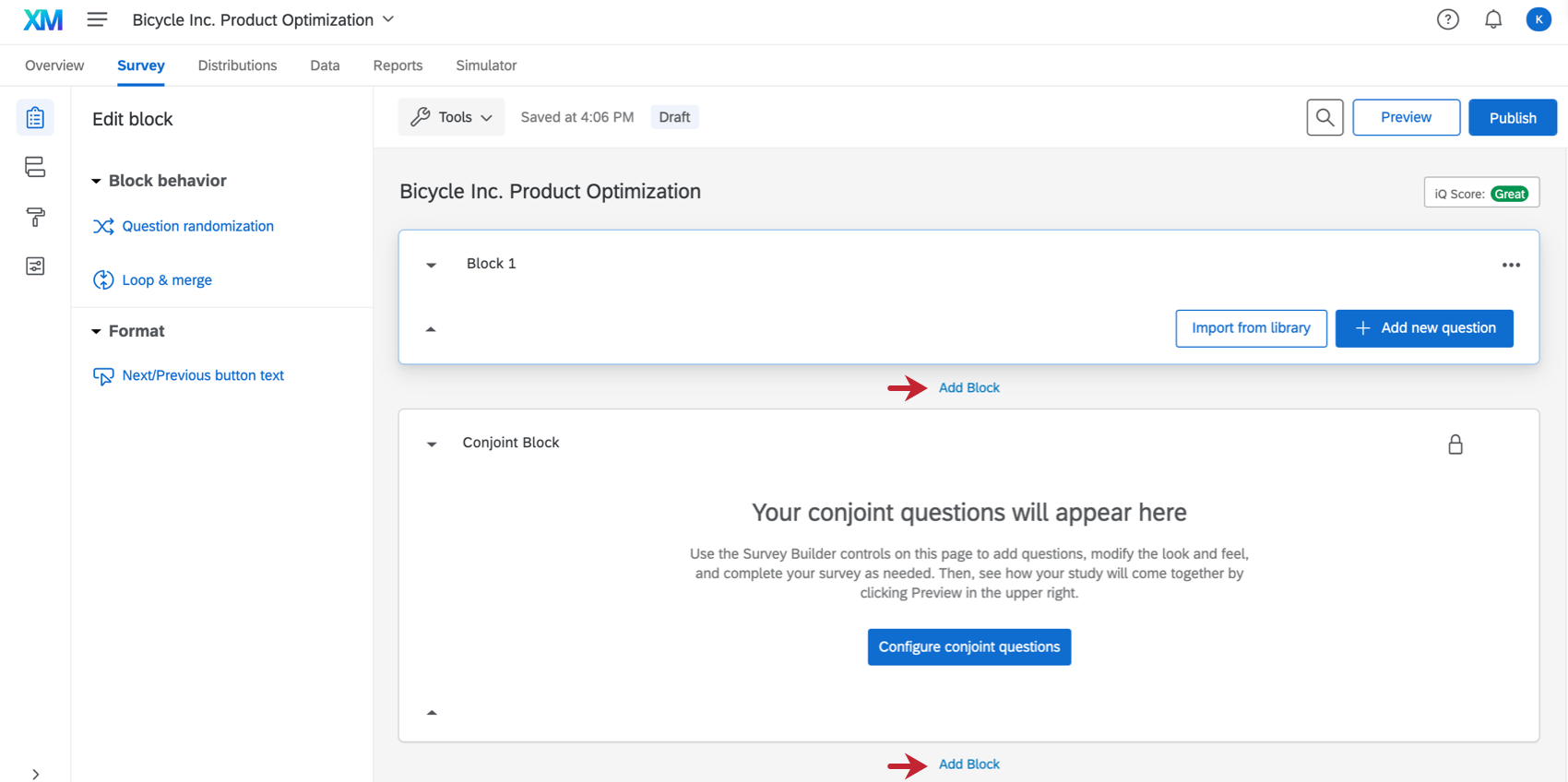 すべてのブロックの下に青色で中央に「ブロックを追加」ボタンを配置