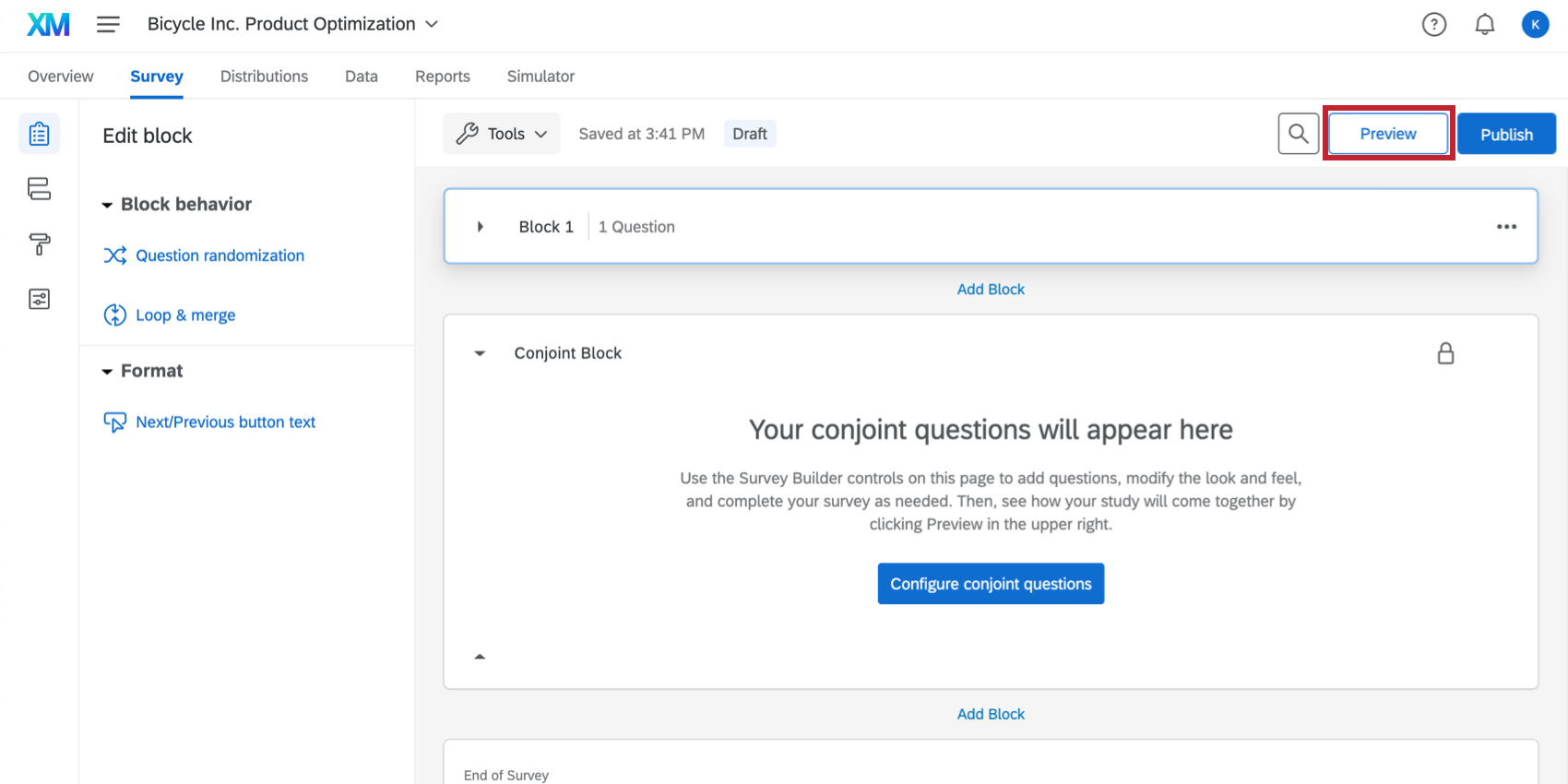 Preview button in blue upper-right of tool bar