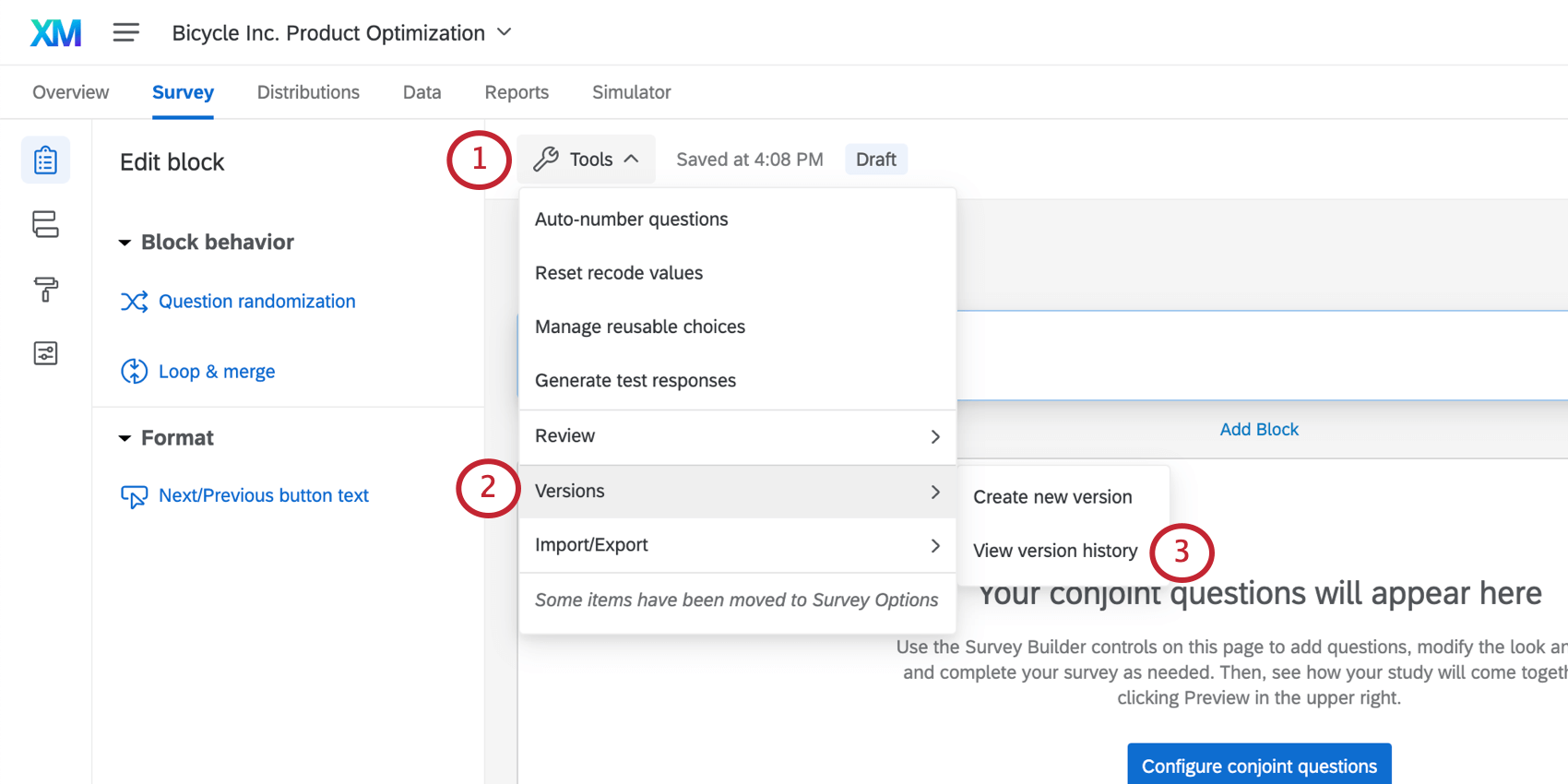 Sélection des versions dans le menu des outils de longlet Enquête