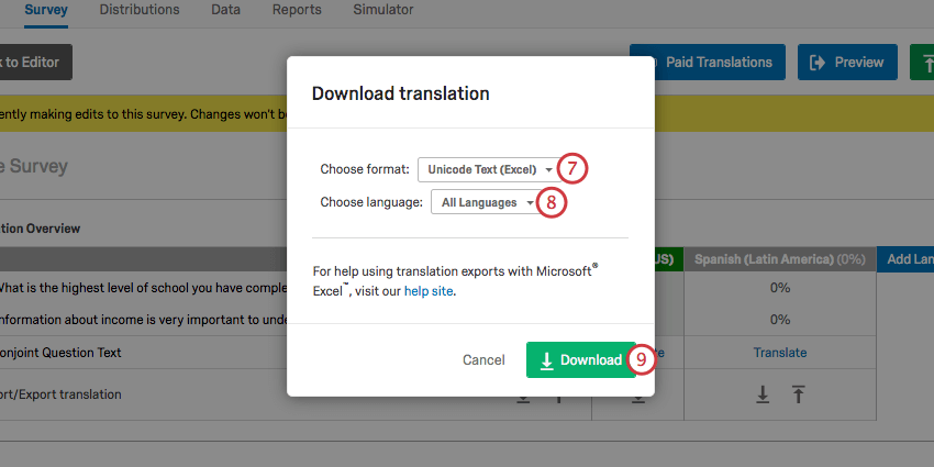 download translation window with green button bottom-right