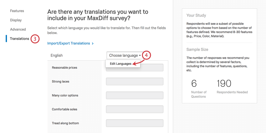 Traducciones seleccionadas a la izquierda, lista de atributos con campos para ingresar traducciones, encima de eso un menú desplegable de idioma