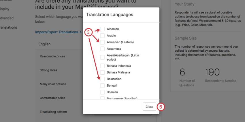 selecting checkboxes next to languages; close button in bottom-right