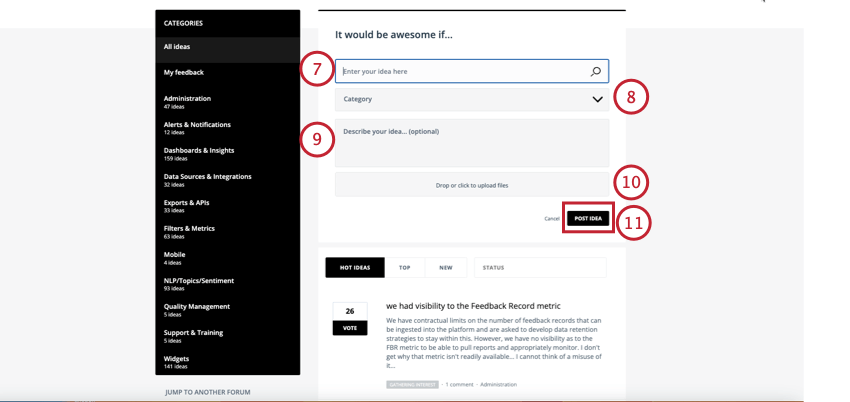 adicionar informações para enviar uma nova ideia