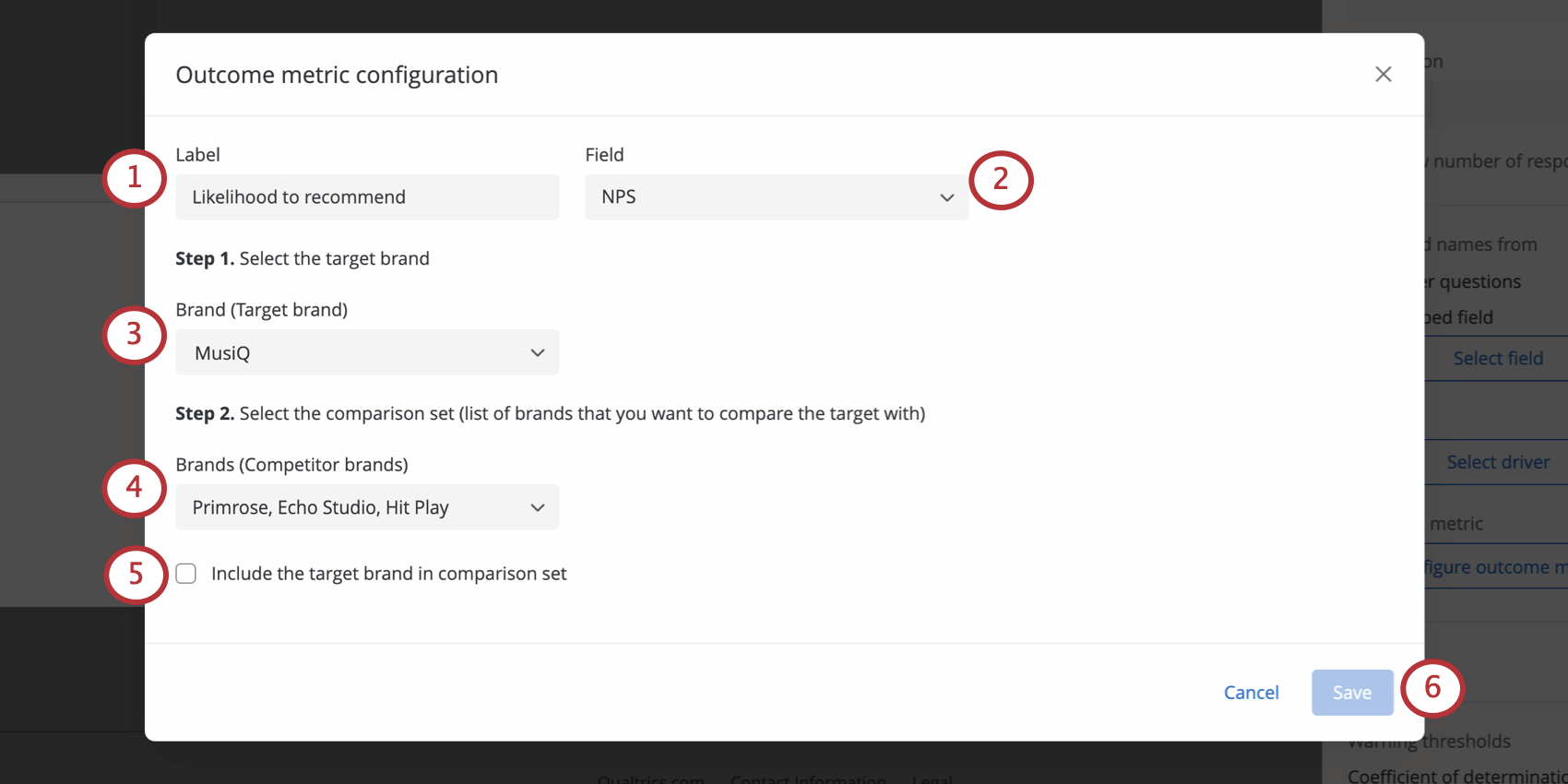 Una nueva ventana que se abre para la configuración de métricas de resultados.
