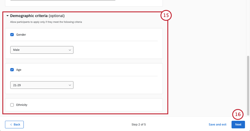 different demographic criteria that expand and show more options if you select them