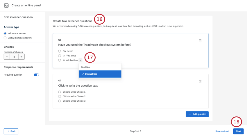 créer des questions pour le screener