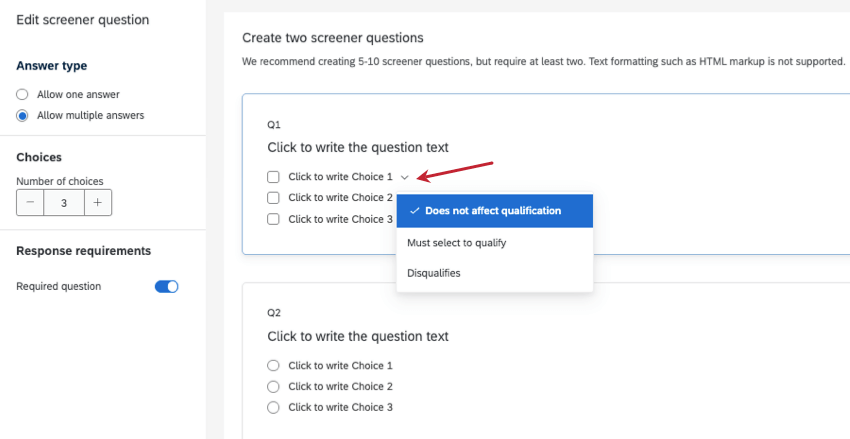 スクリナーの質問で異なる回答に対して qualifies メニューにアクセスする方法を示します。