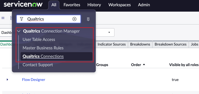 il menu di navigazione per accedere alle varie sezioni del Qualtrics Connection Manager