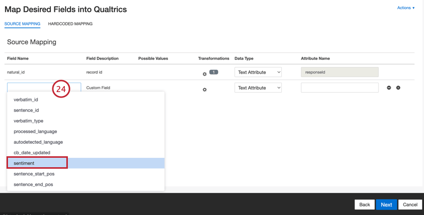choosing a field to export