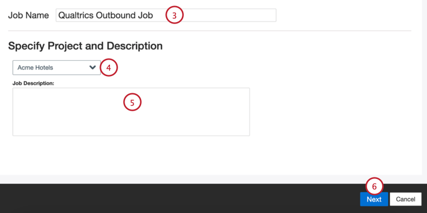 naming the job, choosing a project, and adding a description